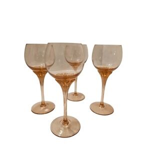 Vintage Pink Crystal Wine Glasses Rose Amber Floral Valentines Cocktail Set Of 4